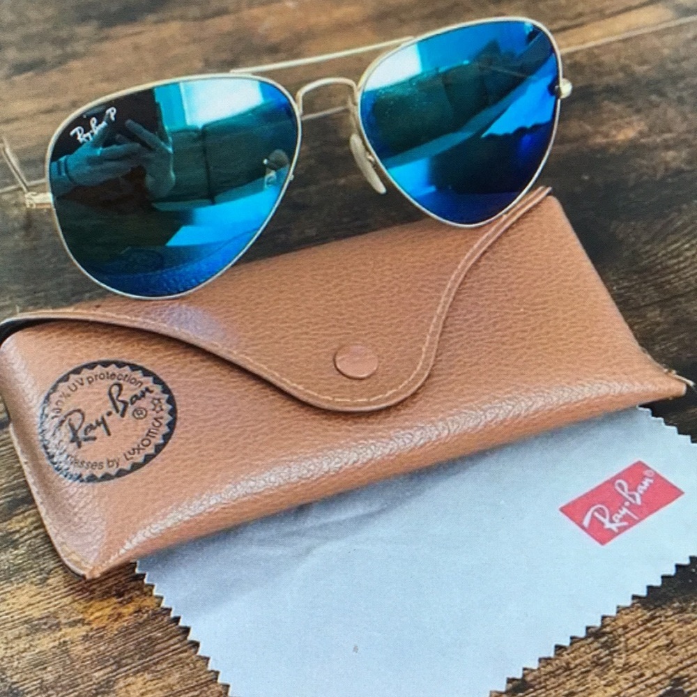 Ray-Ban Gold Frame Sunglasses with Blue Lenses